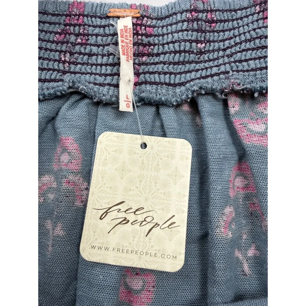 Free People L Blue Floral Peasant Blouse Boho Puff Sleeve Smocked Cottagecore